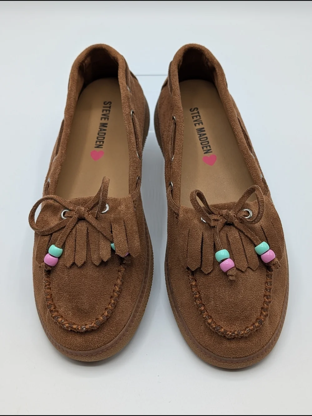 Steve Madden Girls Big Kids 3 Tan Suede Bow Moccasin Loafers with Bead Accents